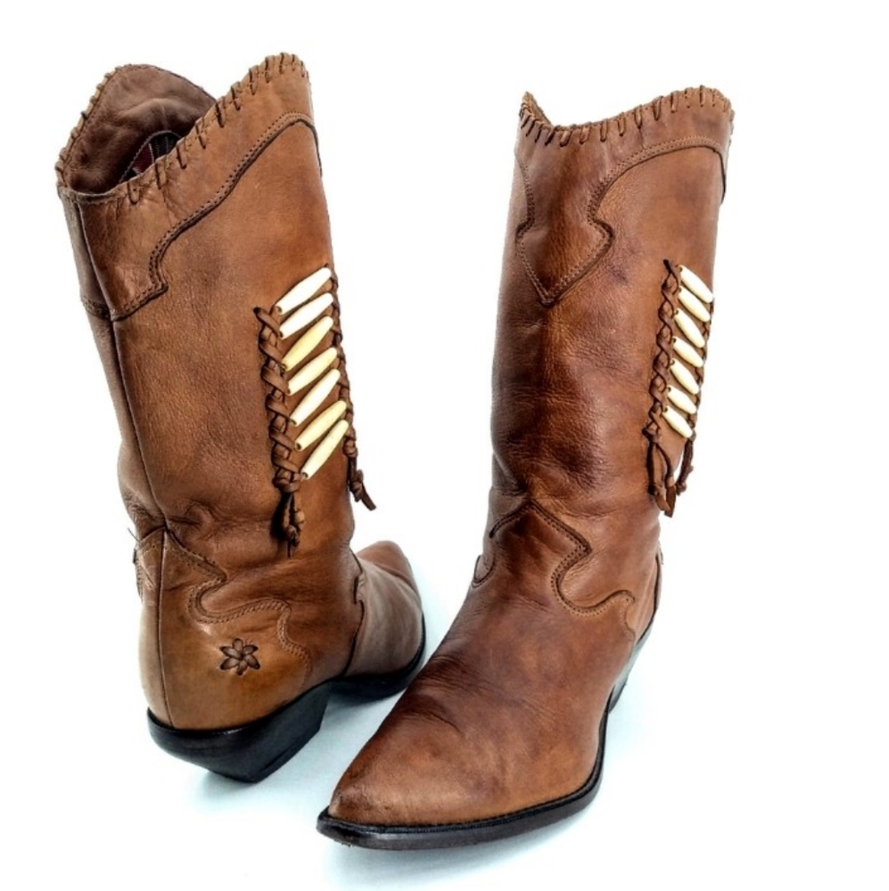Zodiac Leather Boho Cowgirl Boots Tribal Bone 8
